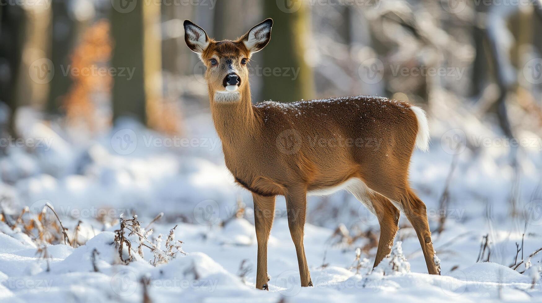 Young white-tailed deer standing in the snow on a sunny winter day photo