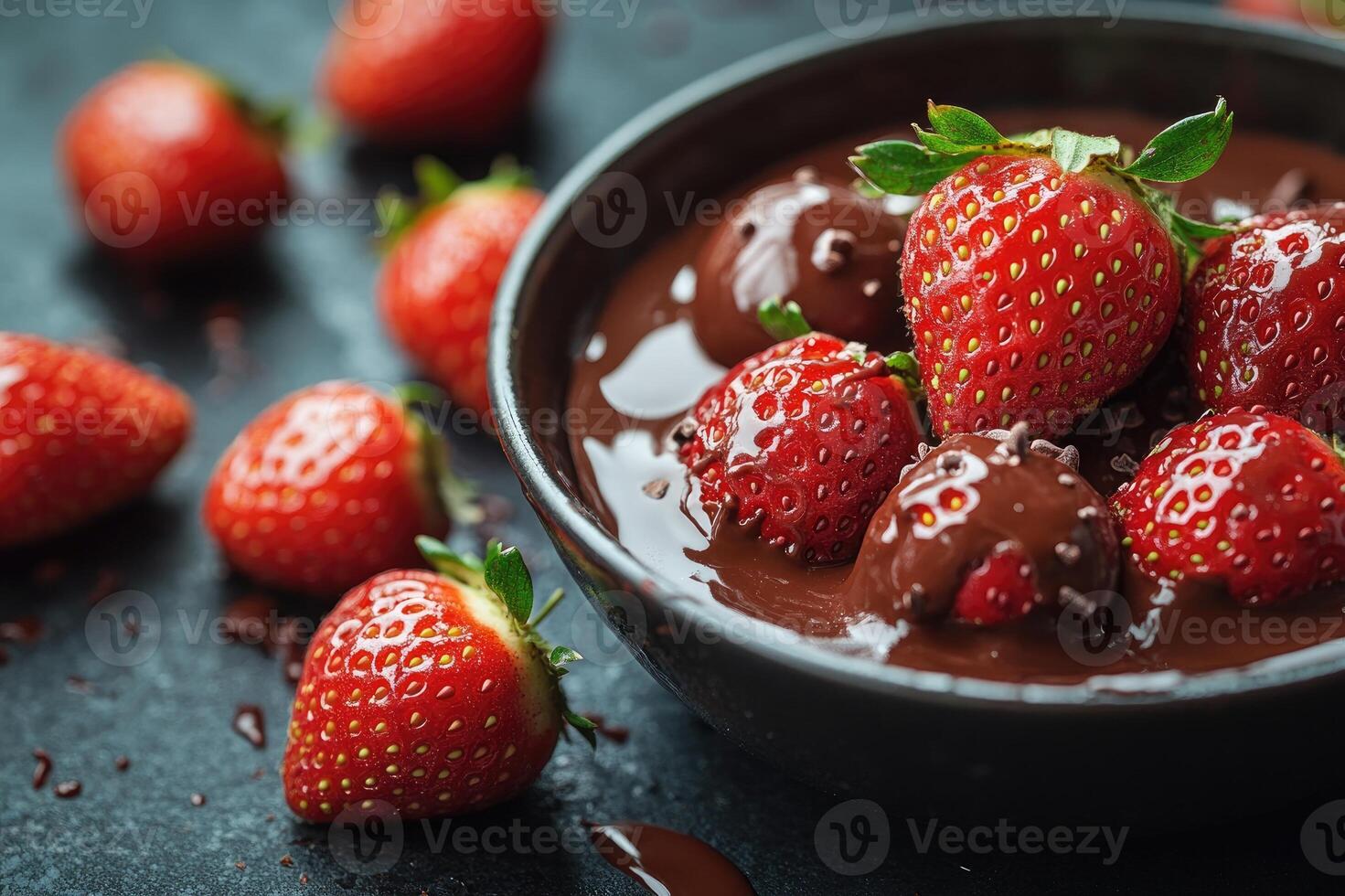 Fresh strawberries being dipped in melted chocolate fondue photo