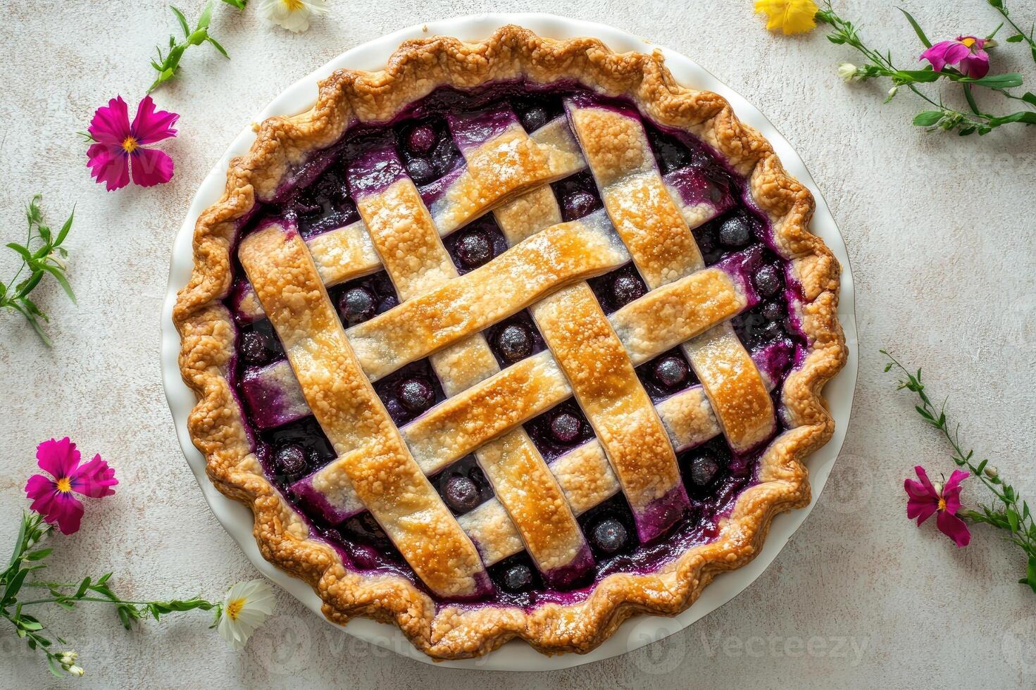 Delicious freshly baked blueberry pie with lattice crust photo