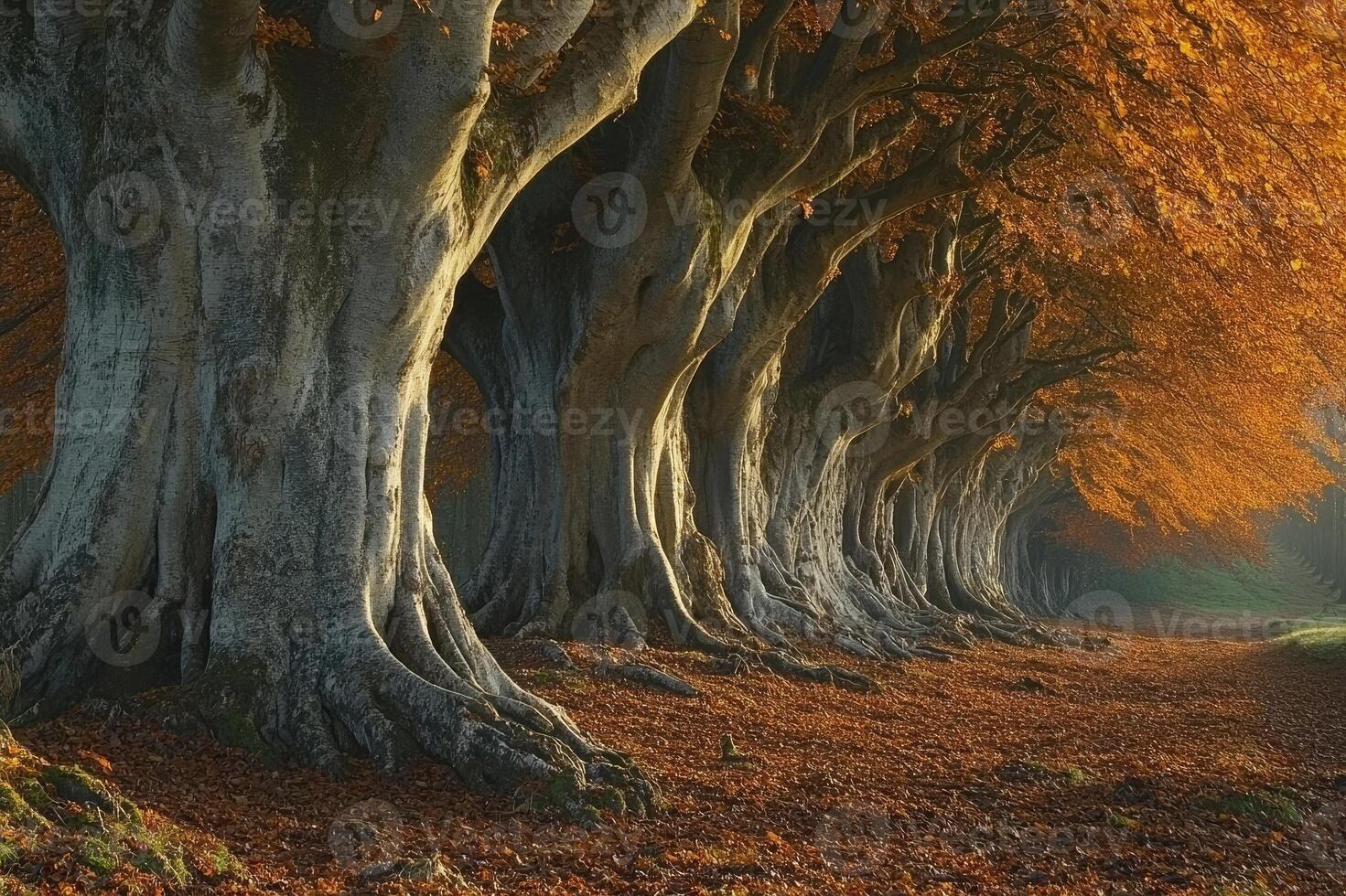 Row of beech trees with autumn foliage creating a colorful canopy photo
