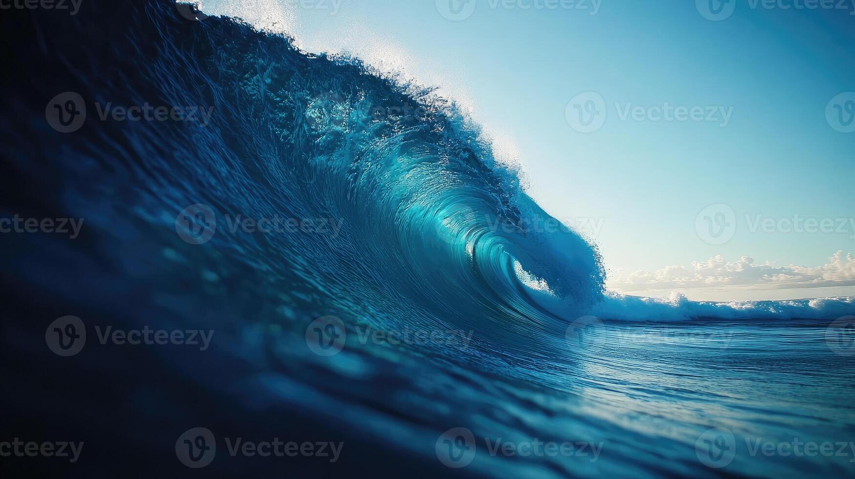 Powerful ocean wave breaking in sunny blue sea photo