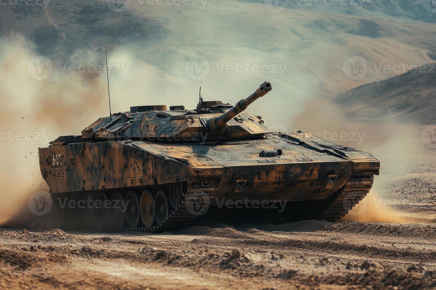 Modern heavy military tank driving on battlefield firing a live shell photo