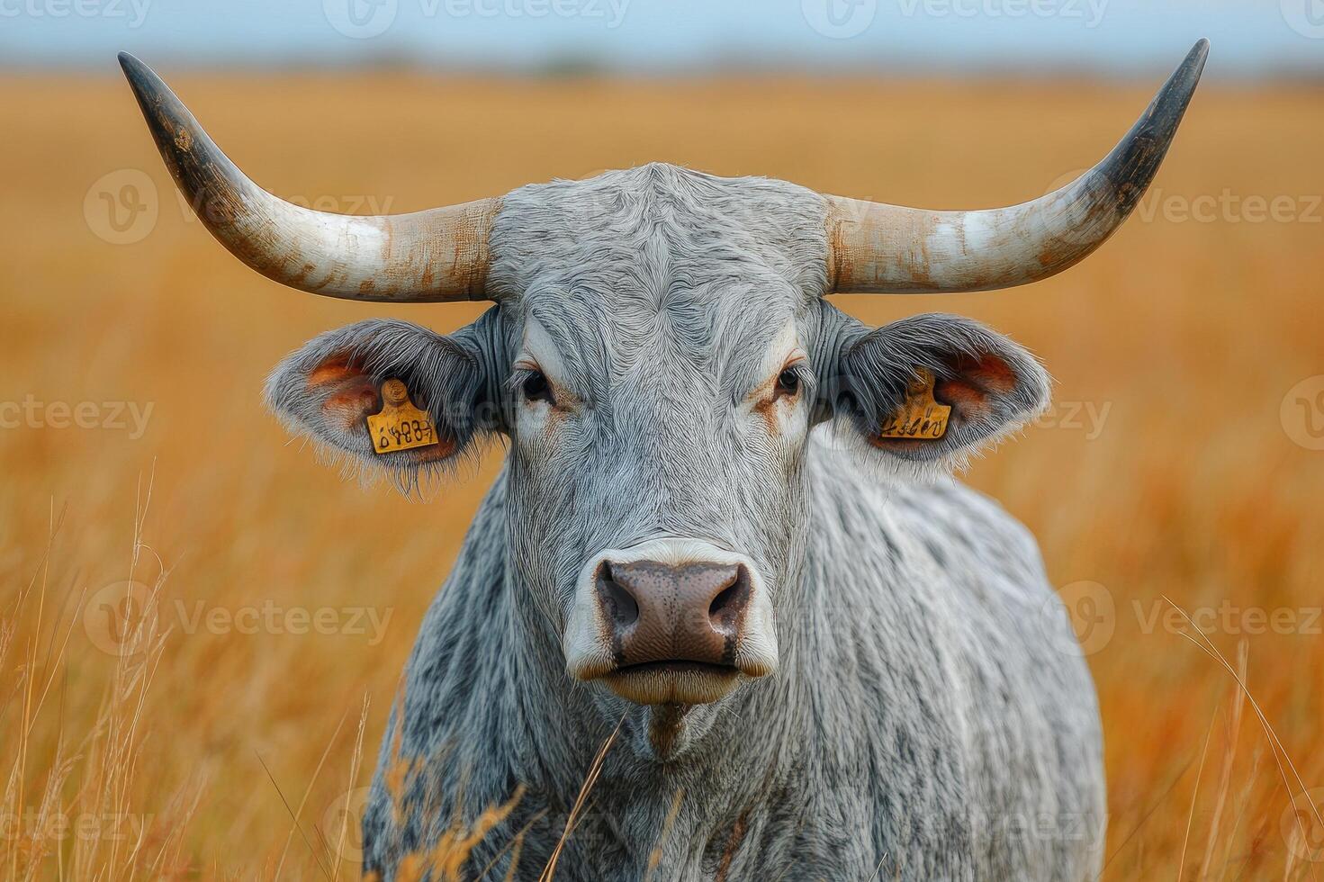 Grey cattle with big horns standing in the field photo