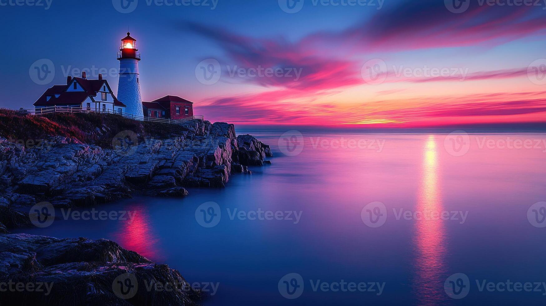 Lighthouse shining over the atlantic ocean at sunset with a purple sky photo