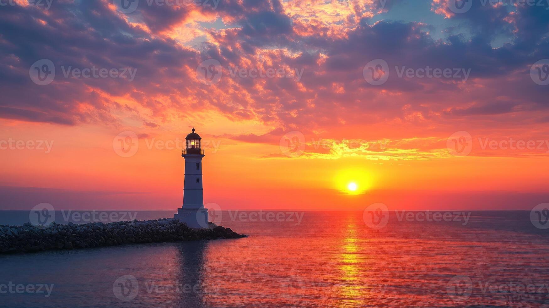 White lighthouse standing on breakwater in ocean at scenic sunset photo