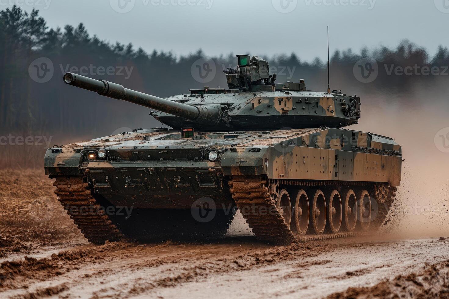 Modern battle tank driving on mud terrain during military exercise photo