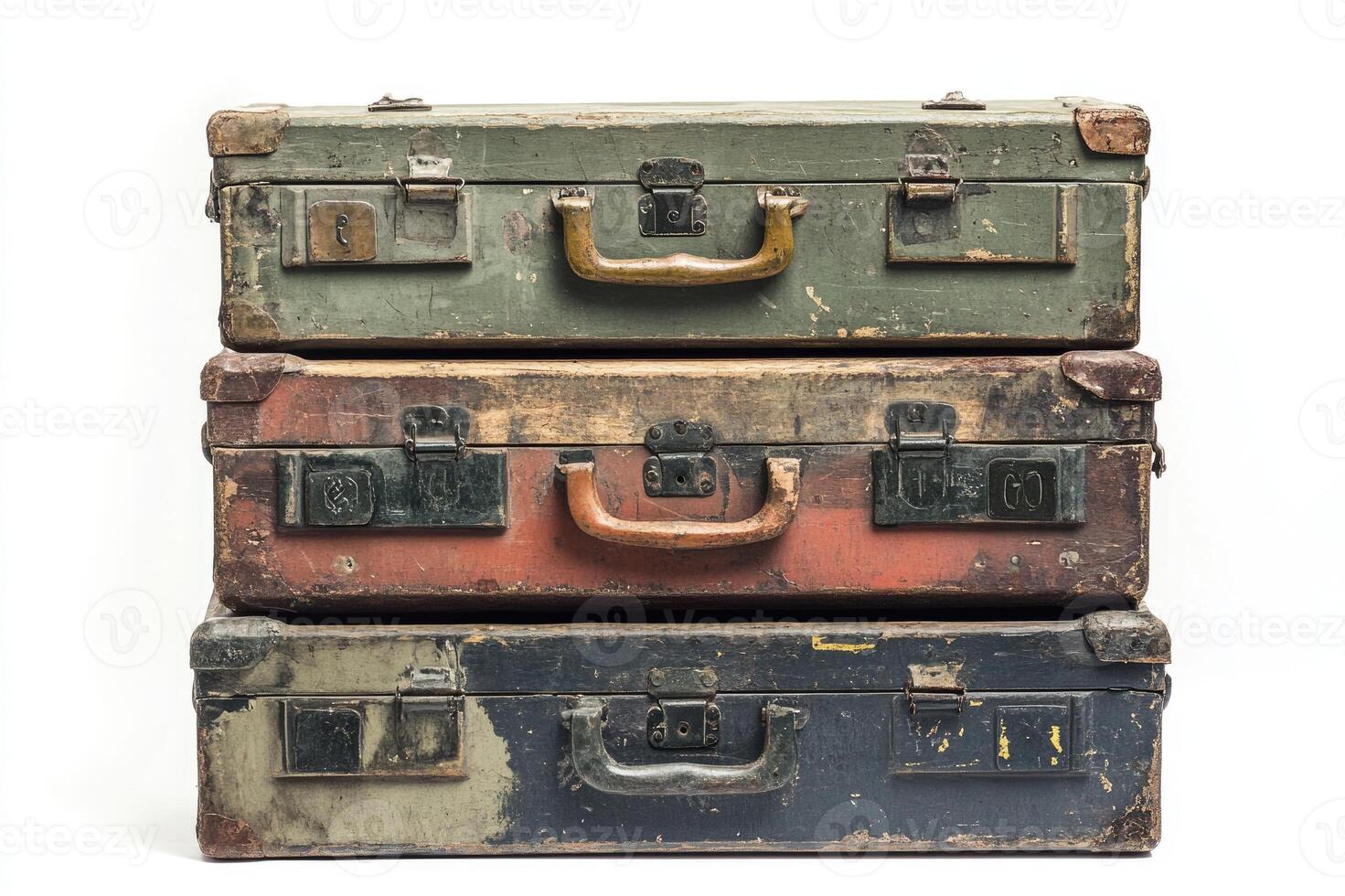 Three old stacked suitcases isolated on white background photo