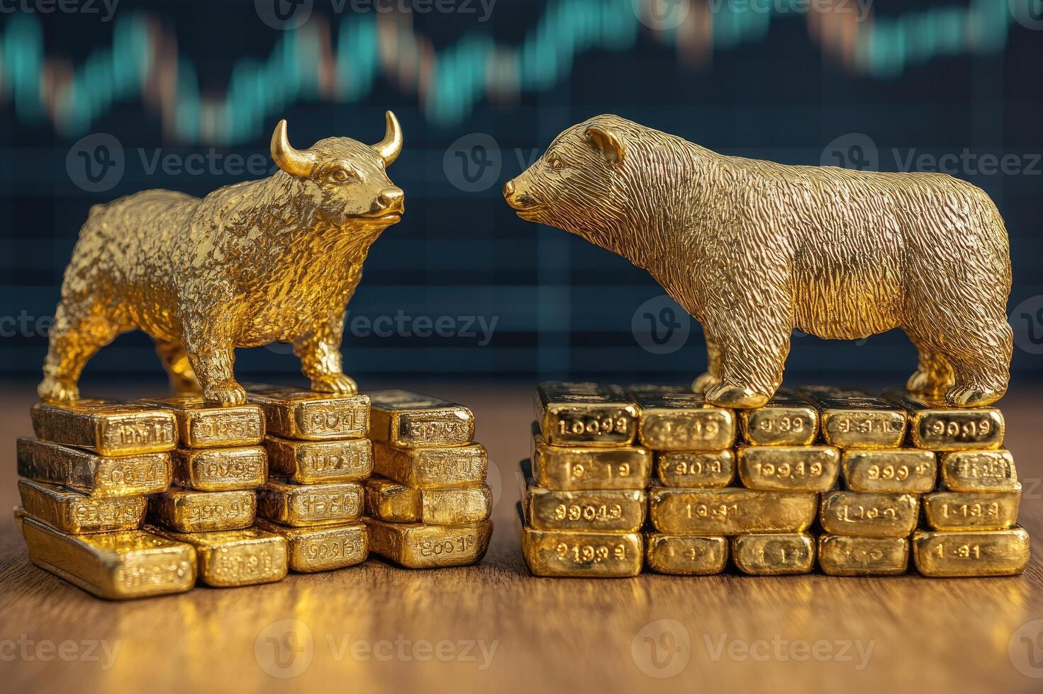 Bull and bear standing on stacks of gold bars facing each other with stock chart in background photo