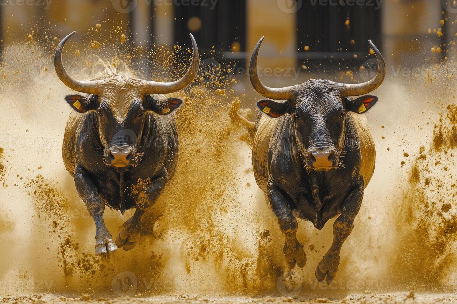 Two powerful bulls running and kicking up dust in a bullring photo