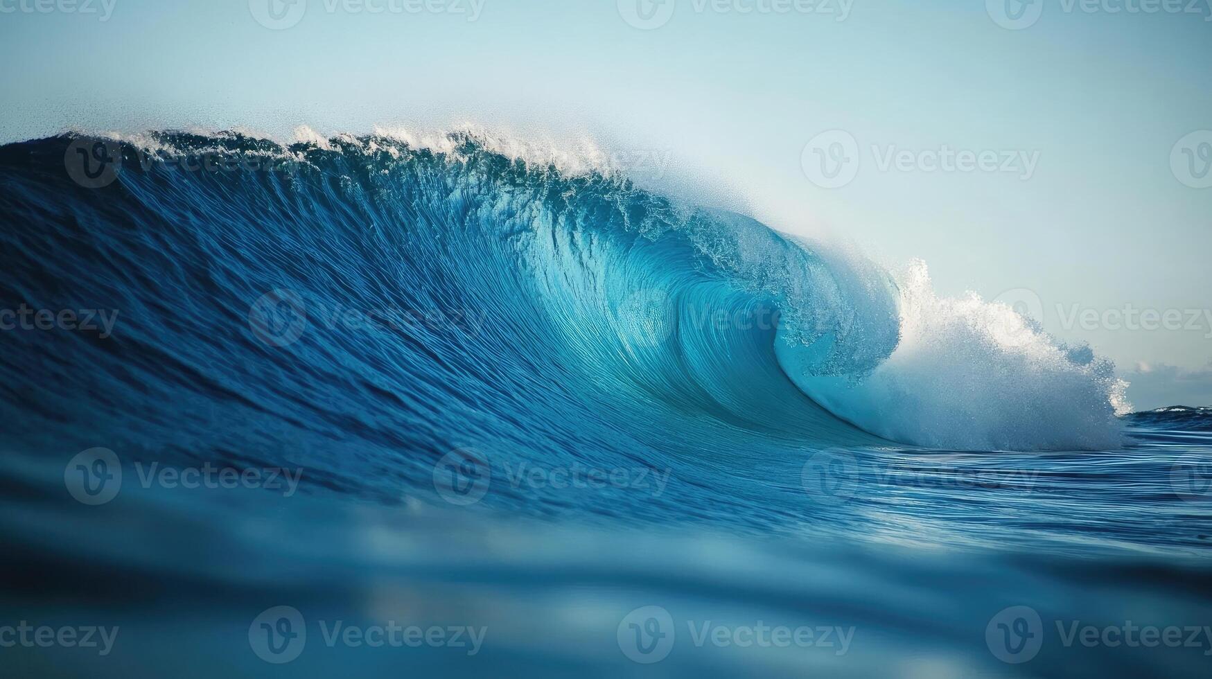 Giant blue ocean wave breaking under cloudy sky photo
