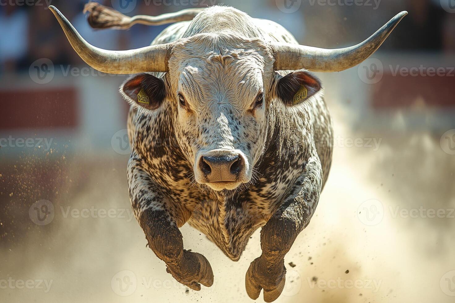Powerful brown and white bull charging forward in a bullring photo