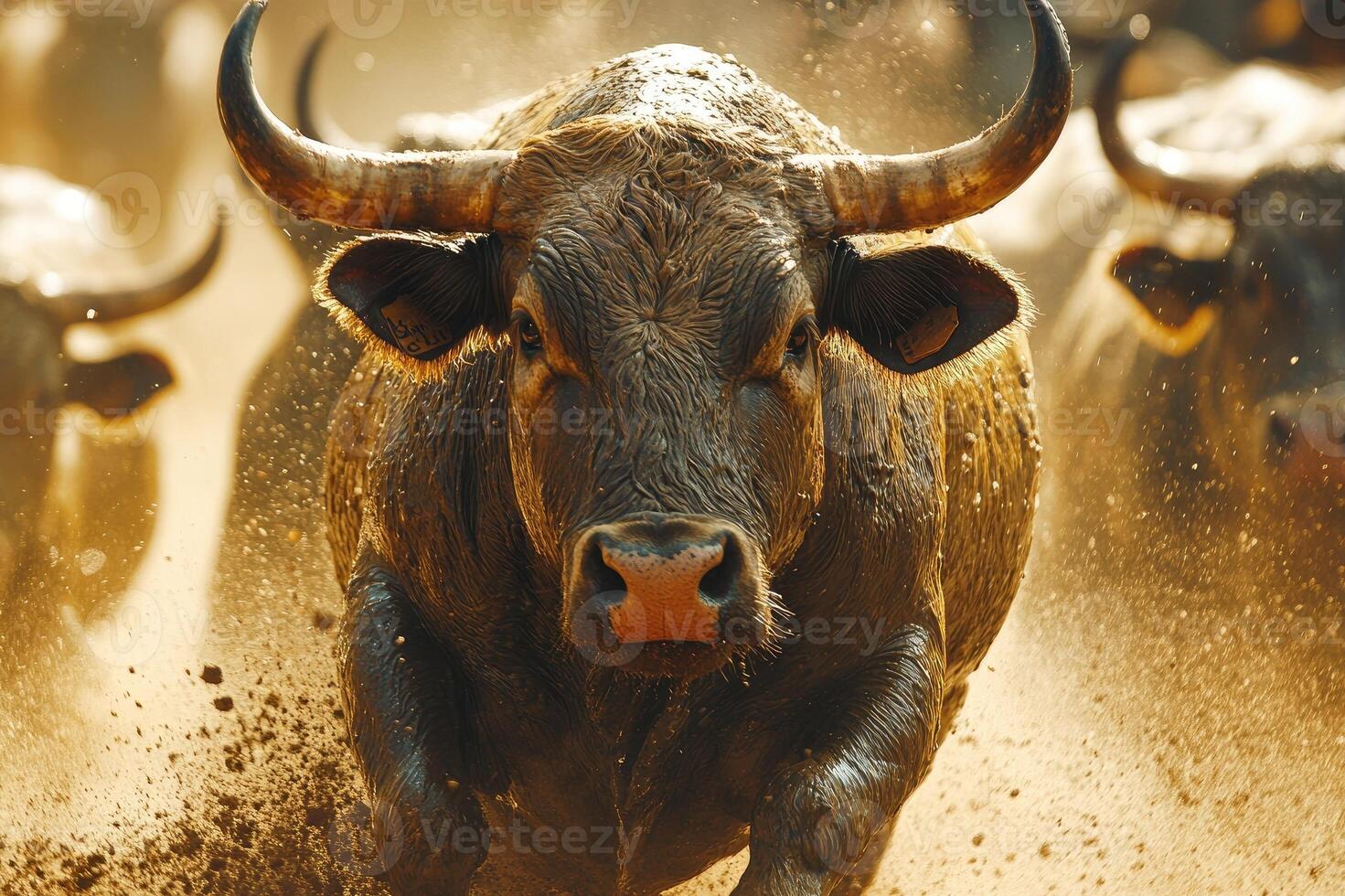 Powerful muscular bull running in the dust with herd photo