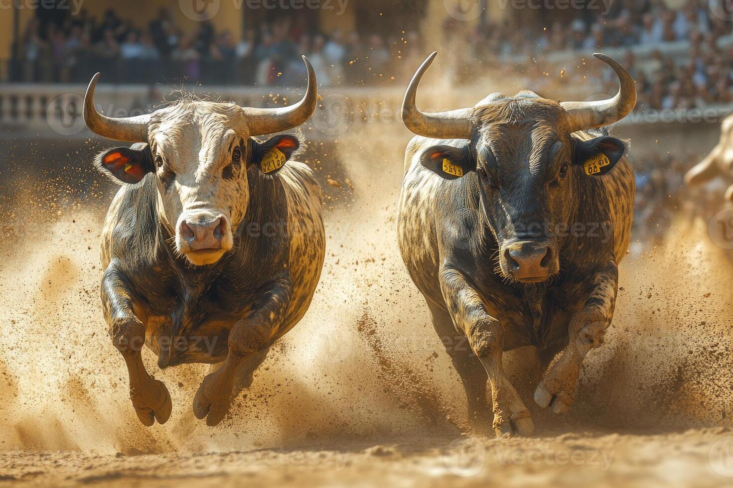 Two powerful bulls running and kicking up dust in a bullring photo
