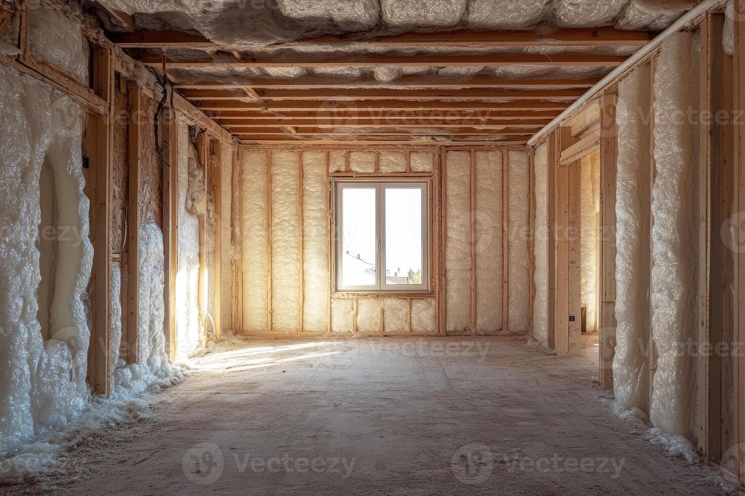 Construction site of a wooden house showing spray foam insulation being installed photo
