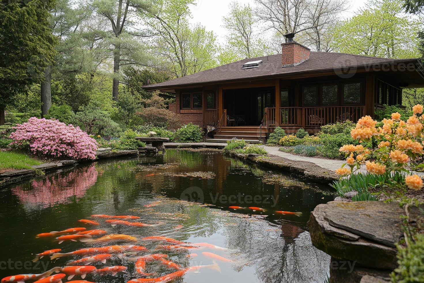 Koi fish swimming in tranquil backyard pond with lush landscaping photo