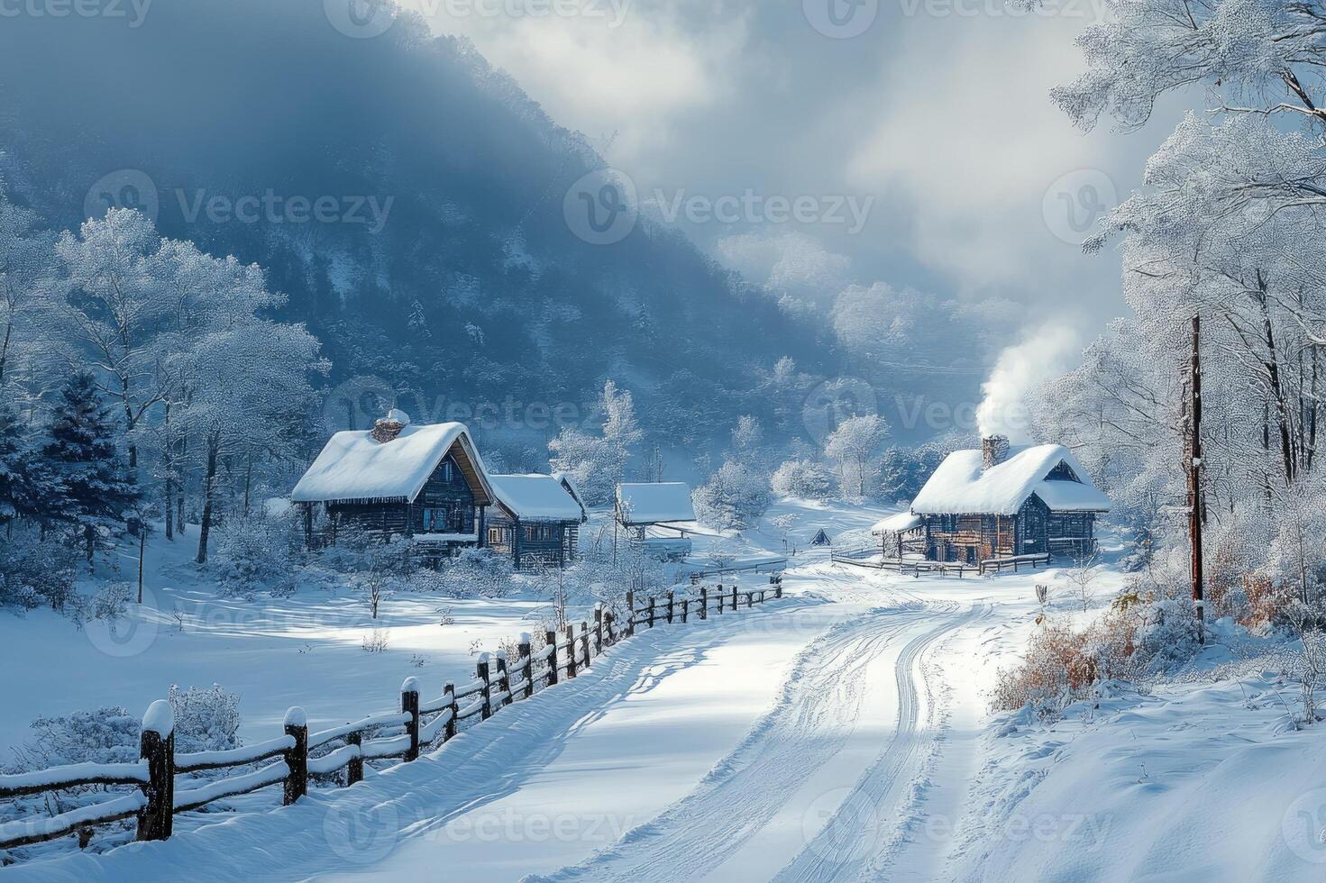 Snowy road leading to cozy wooden cabins in mountain village photo