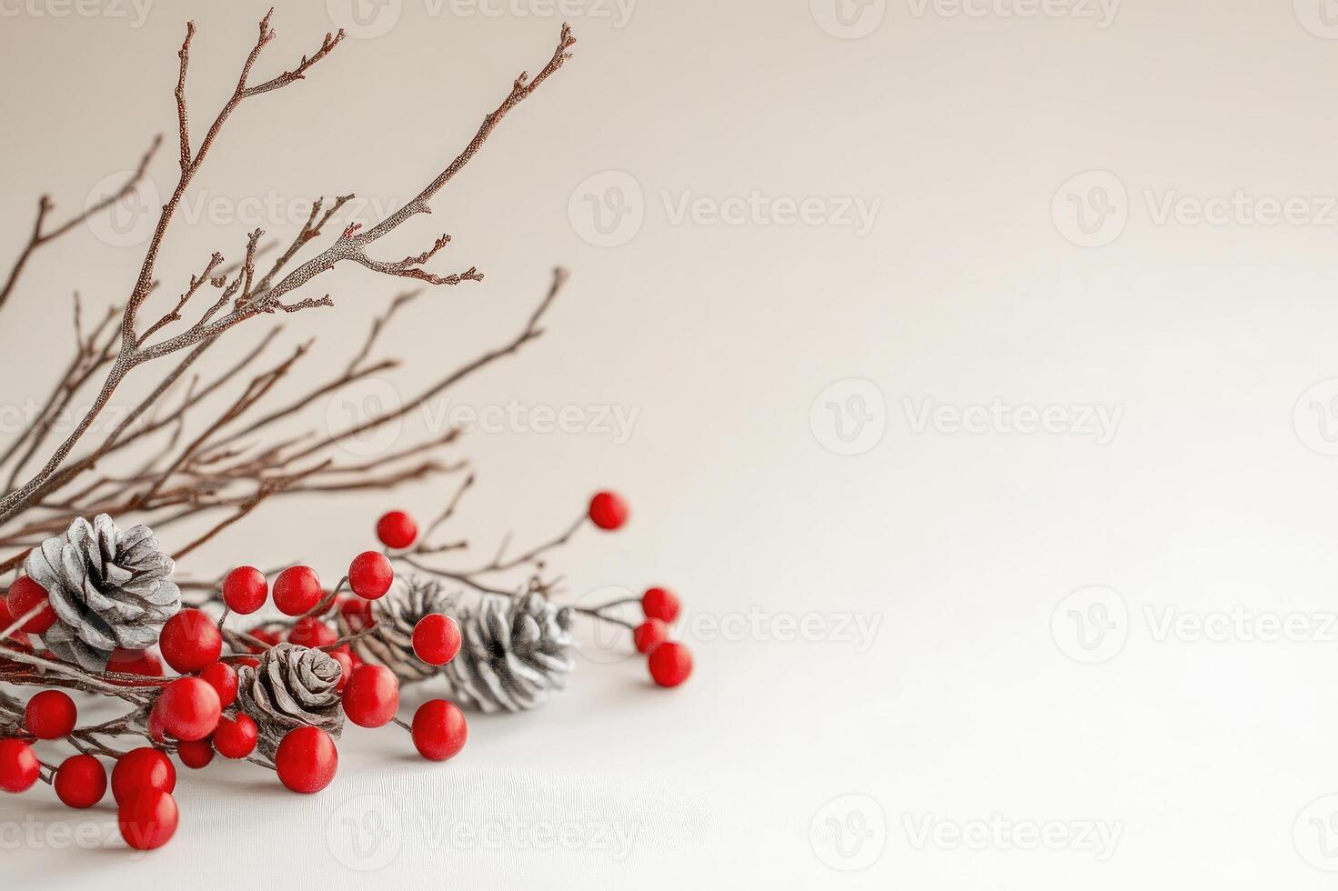 Christmas composition with red berries and pine cones decorating bare branches photo