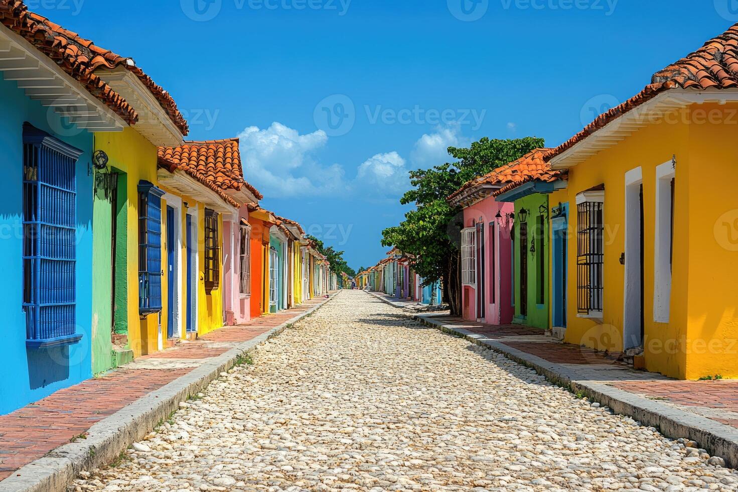 Cobblestone street passing through colorful houses in trinidad, cuba photo