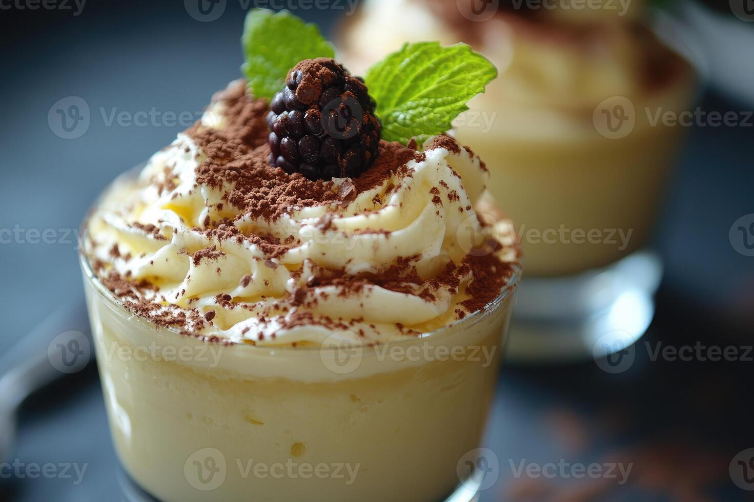 Delicious creamy dessert with whipped cream, cocoa and blackberry topping, garnished with mint photo