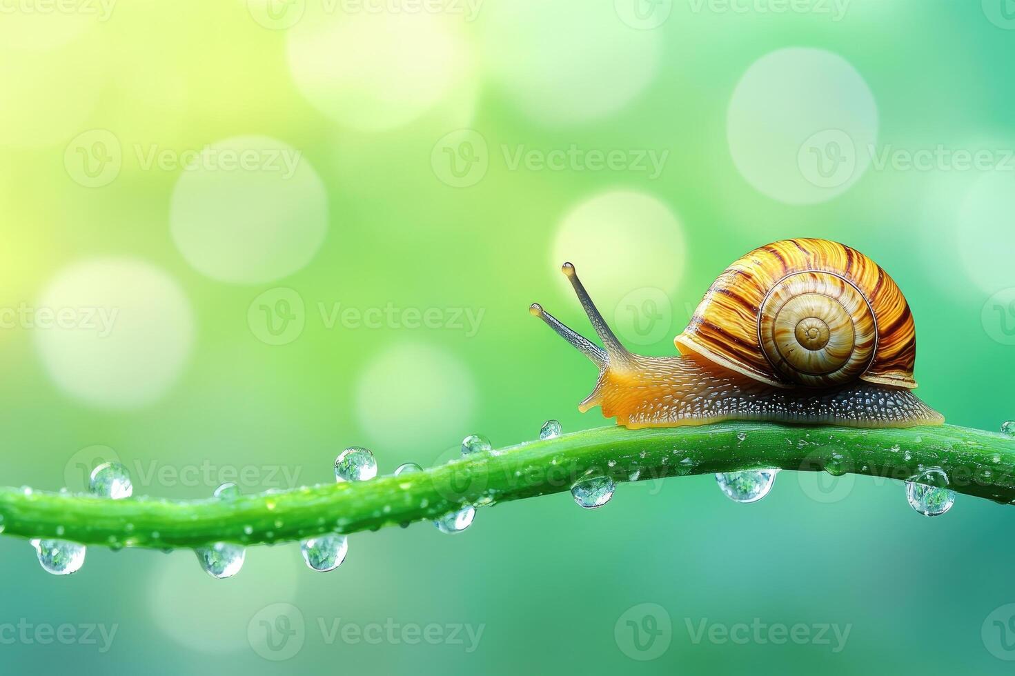 Snail crawling on a dewy green leaf in a bokeh background photo