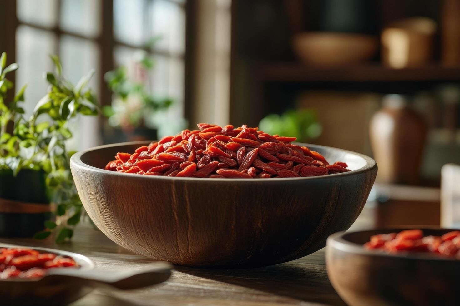 Wooden bowl overflowing with dried goji berries in rustic kitchen setting photo
