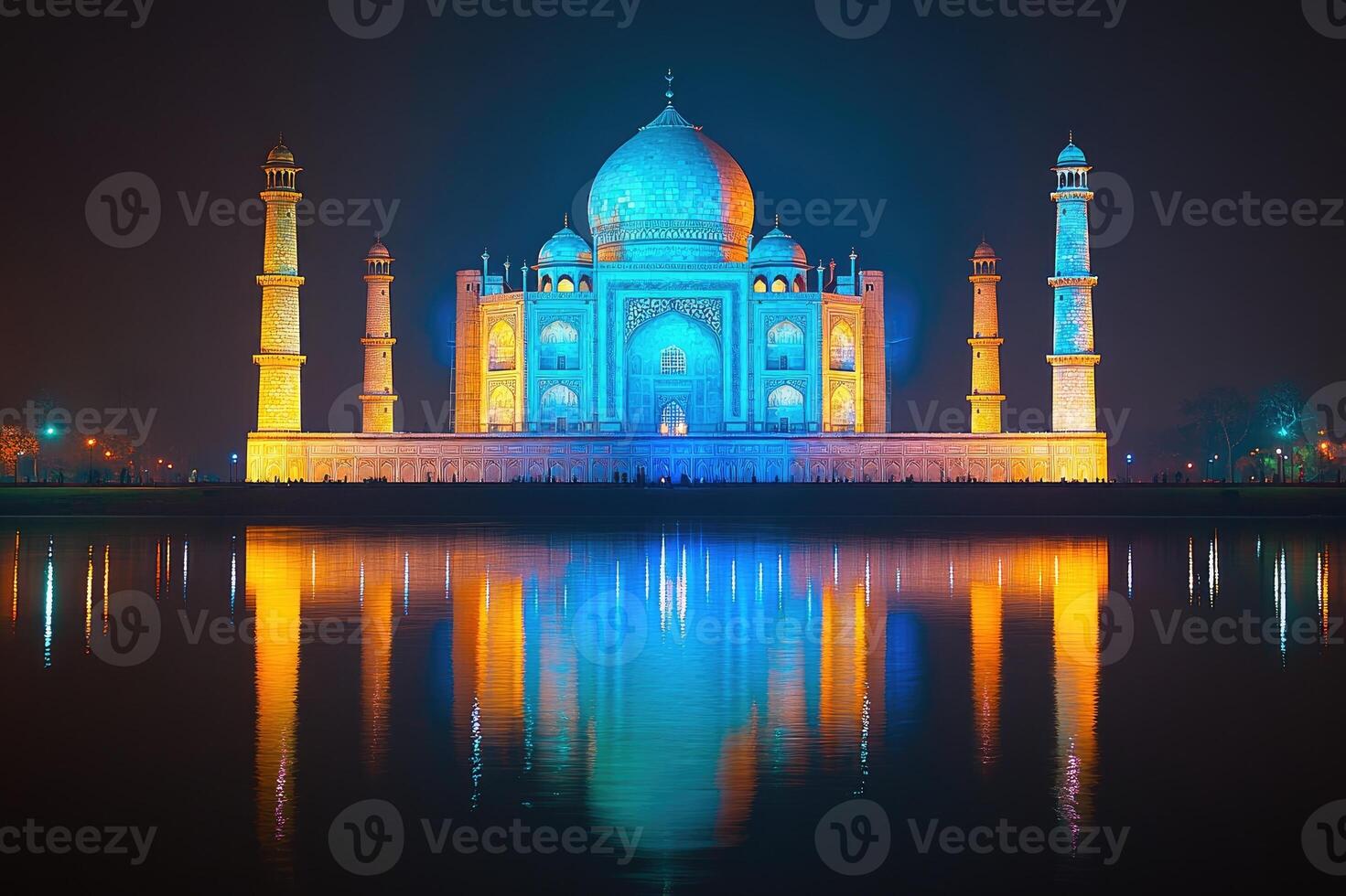The taj mahal reflecting in the water at night with dramatic lighting photo