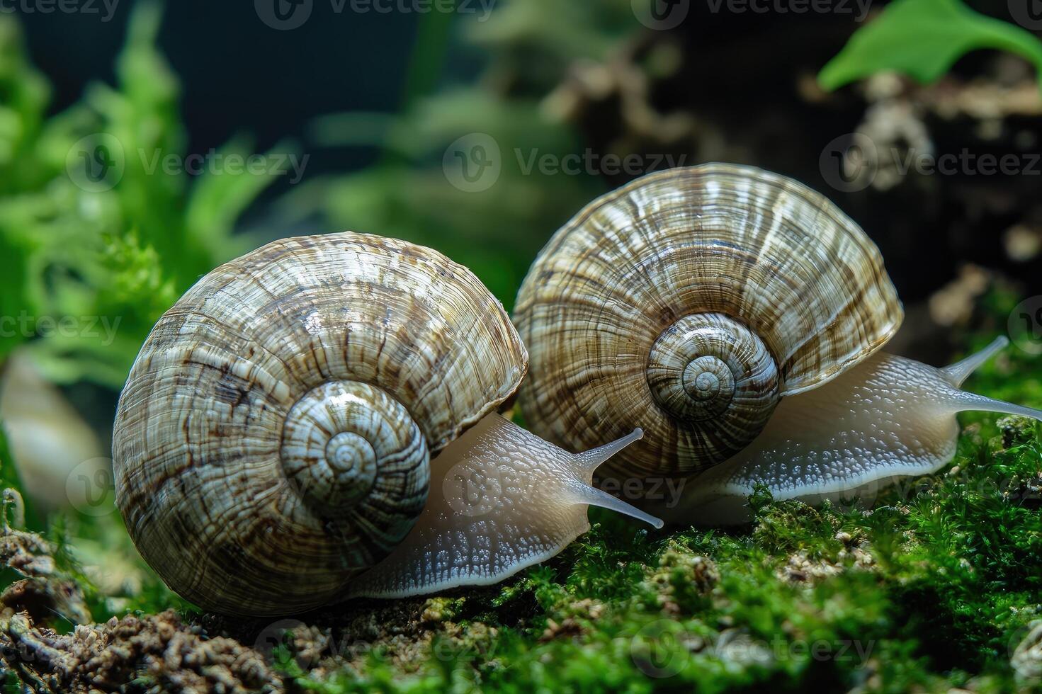 Two snails crawling on moss in natural habitat showing spiral shell photo