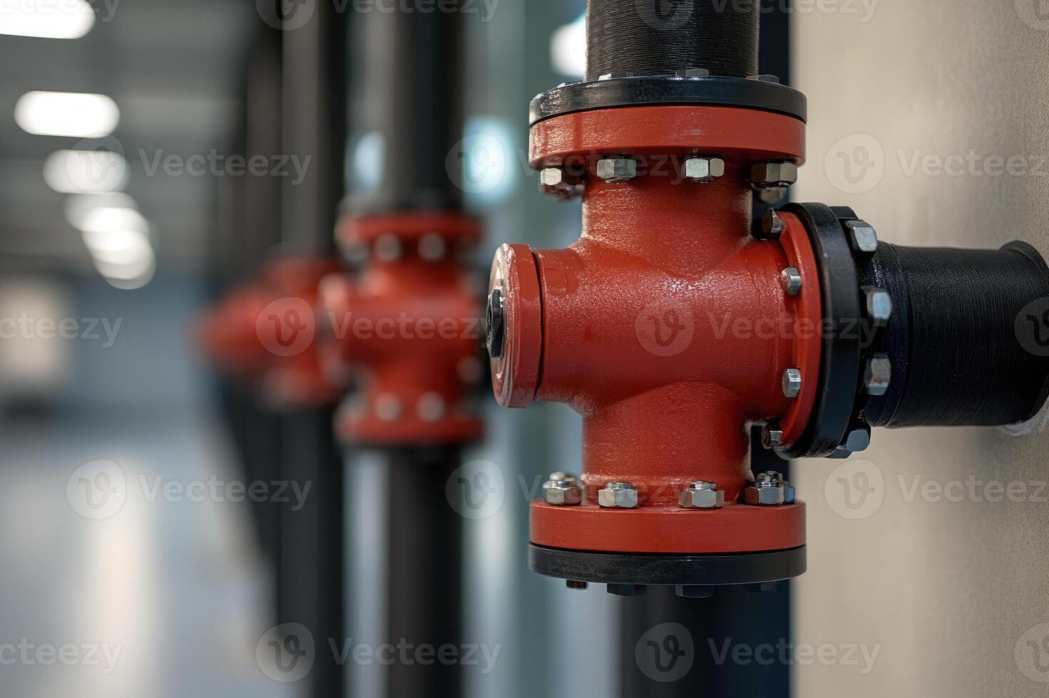 Red fire suppression system pipes and valves protecting a building photo