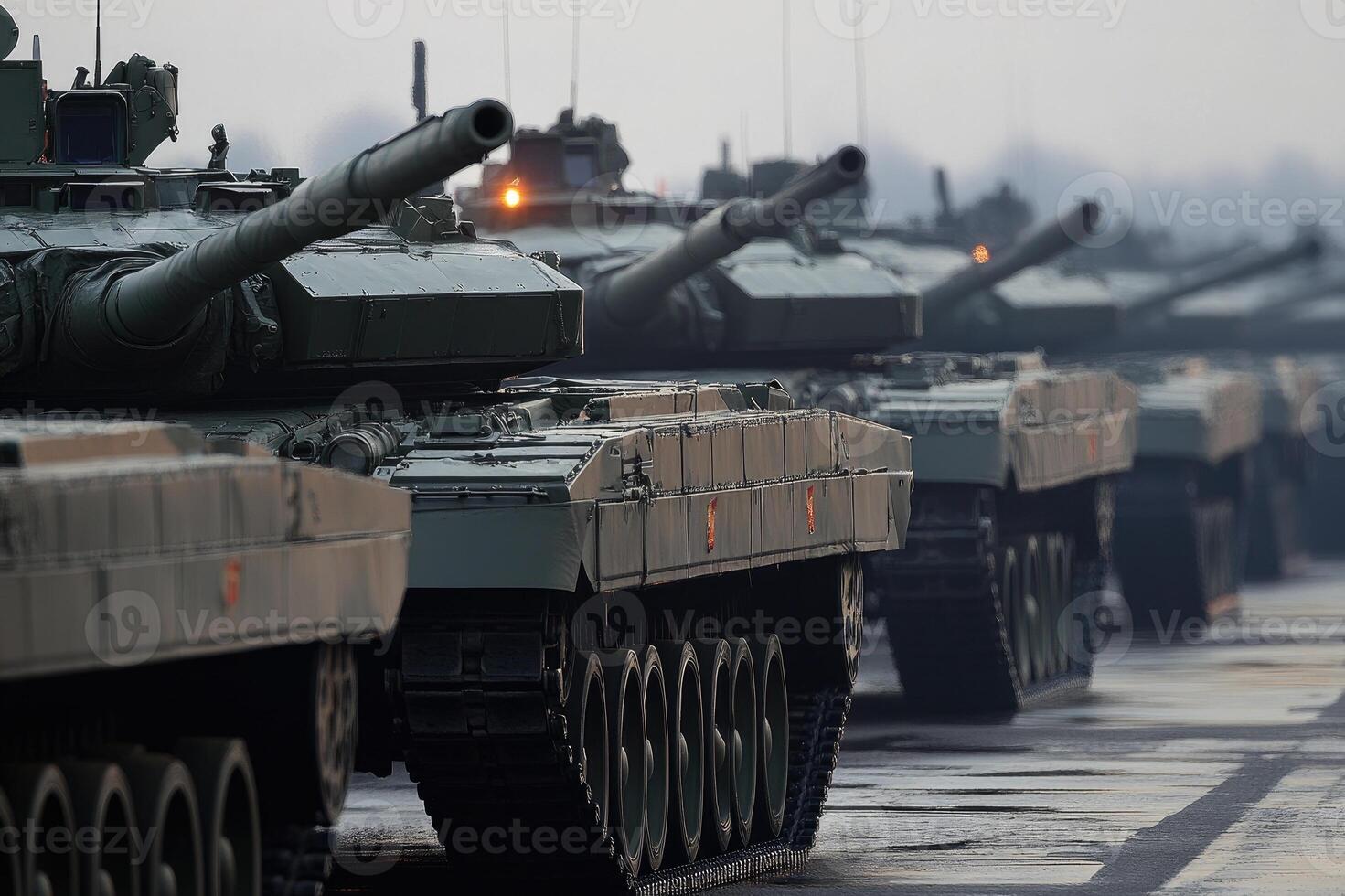 Modern tanks standing in line displaying military power photo