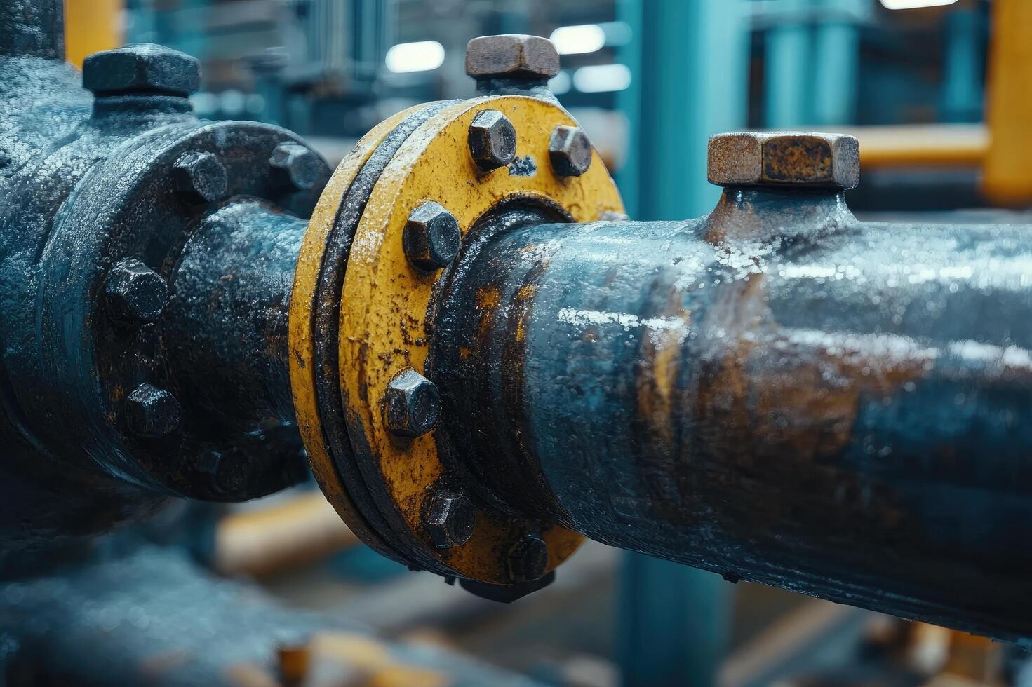 Industrial pipeline showing yellow flange connecting pipes in a factory photo