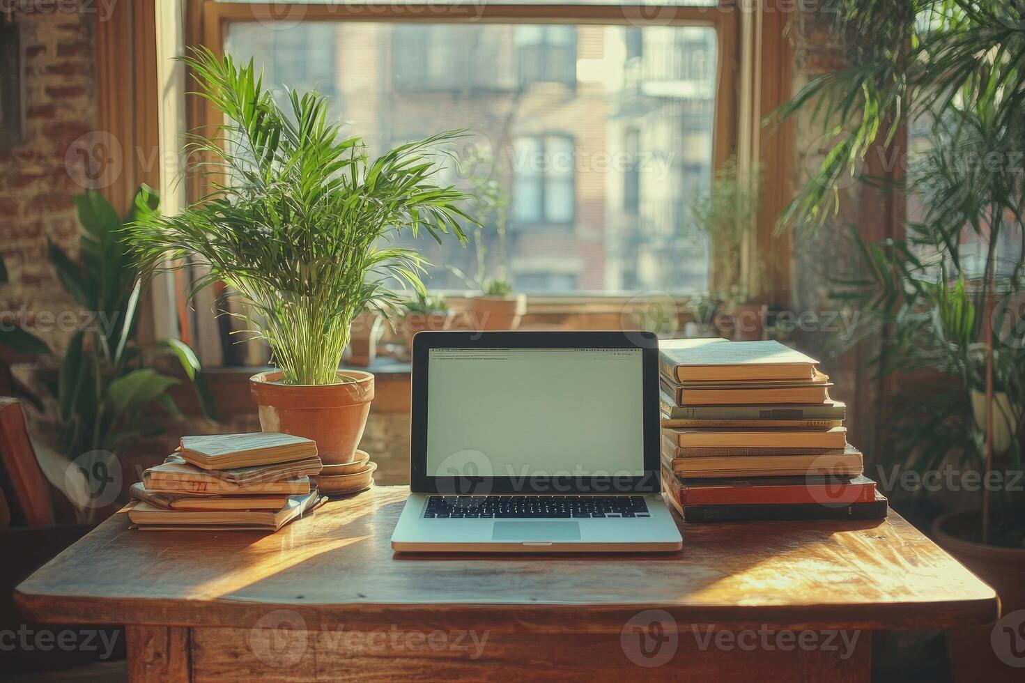 Laptop showing blank screen on wooden table with stacked books and plants photo