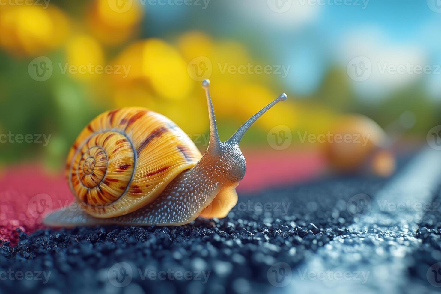 Snail crawling on running track towards finish line with blurred background photo