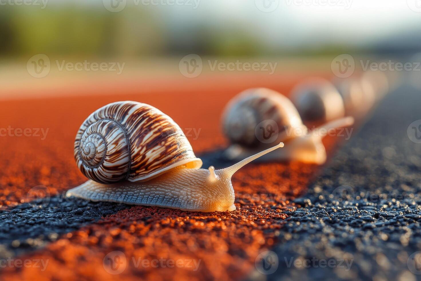 Snails crawling on running track competing in a race photo