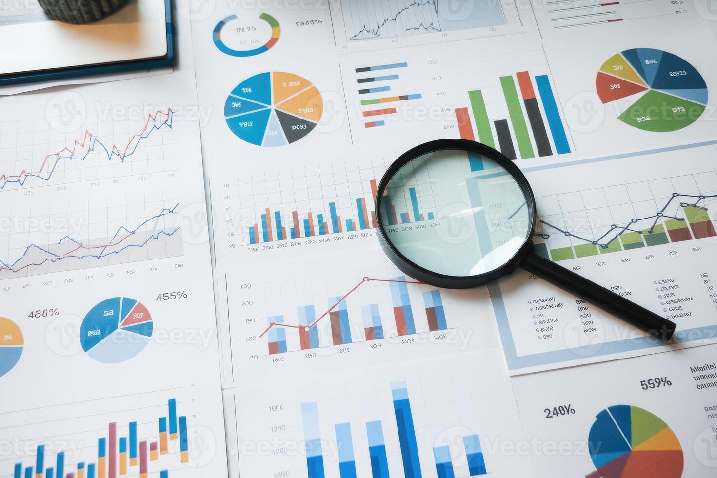 Magnifying glass analyzing business charts and graphs for market research and financial data analysis photo