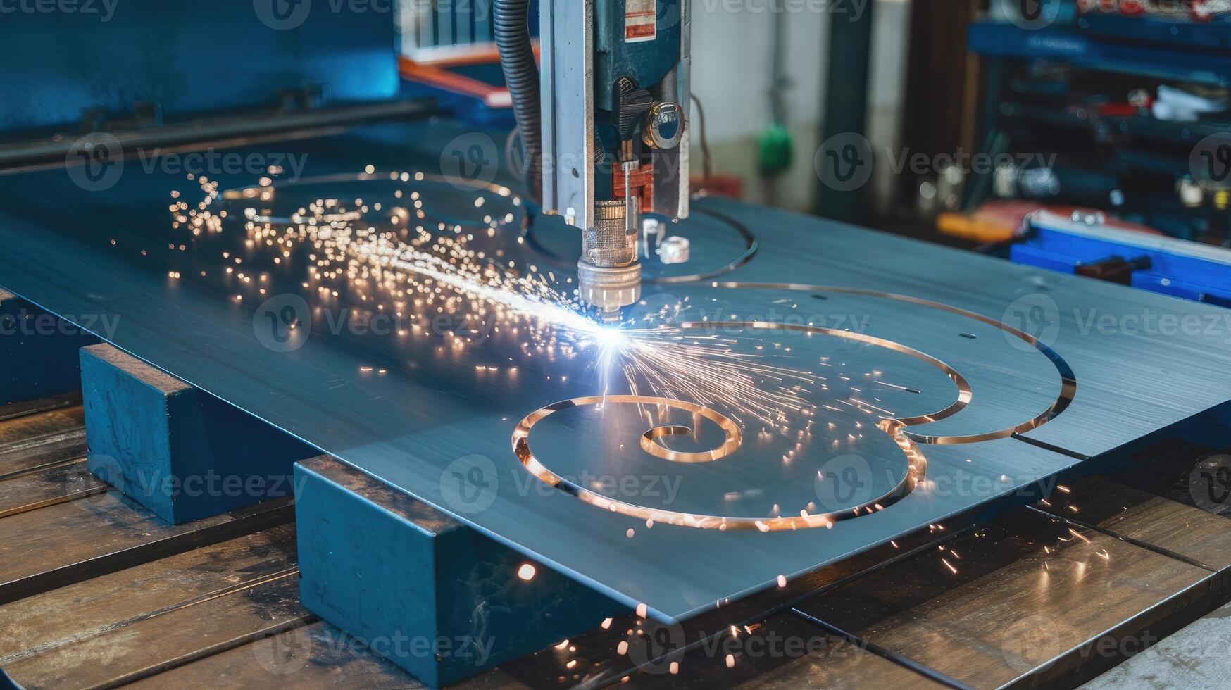 Plasma cutting machine making spiral designs on metal sheet in factory photo