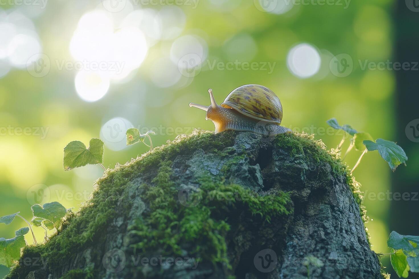 Snail crawling on mossy tree trunk in forest photo