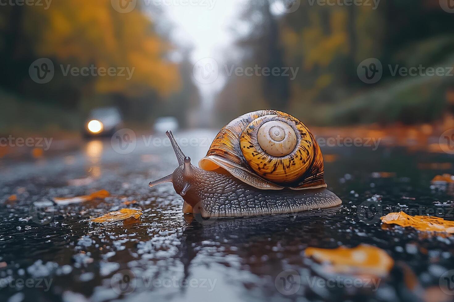 Snail crawling on wet asphalt in autumn forest road with approaching car photo