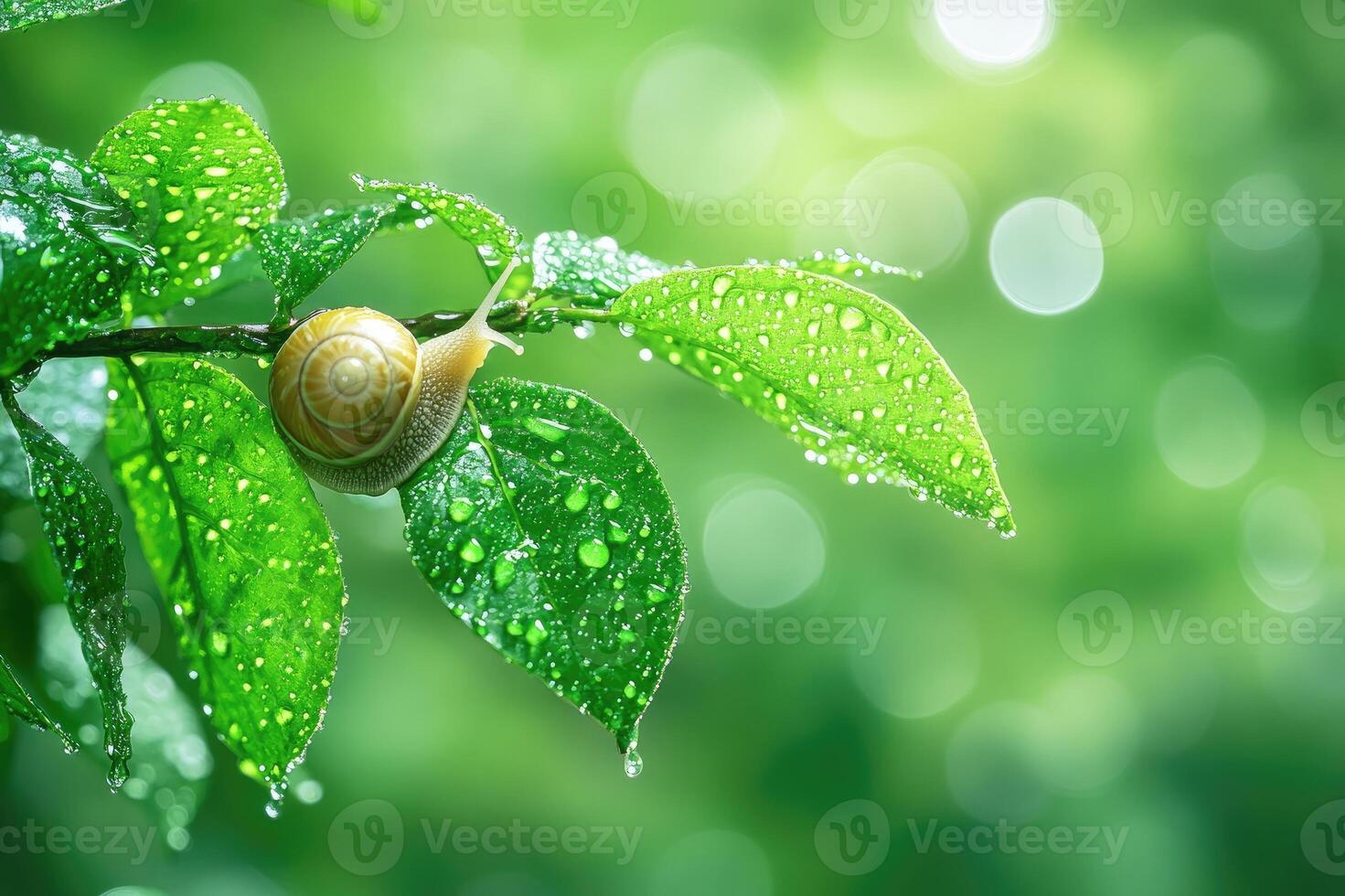Close-up of a snail crawling on a leaf after the rain photo