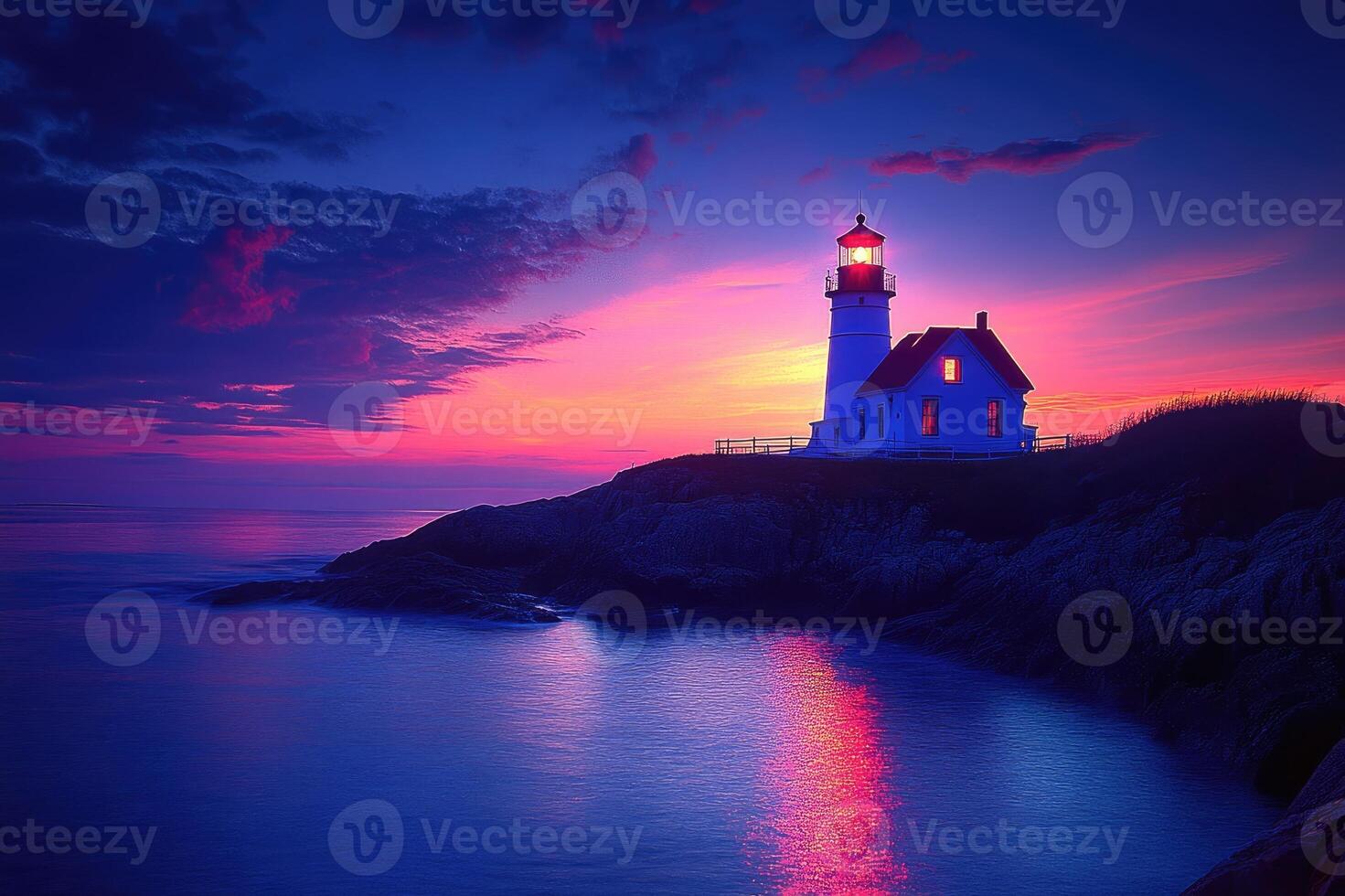 Nubble lighthouse shining bright at sunset over the atlantic ocean photo