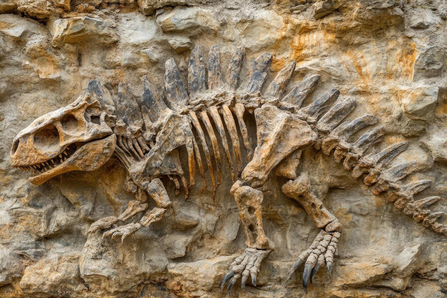 Dinosaur fossil embedded in sedimentary rock, showcasing prehistoric life photo