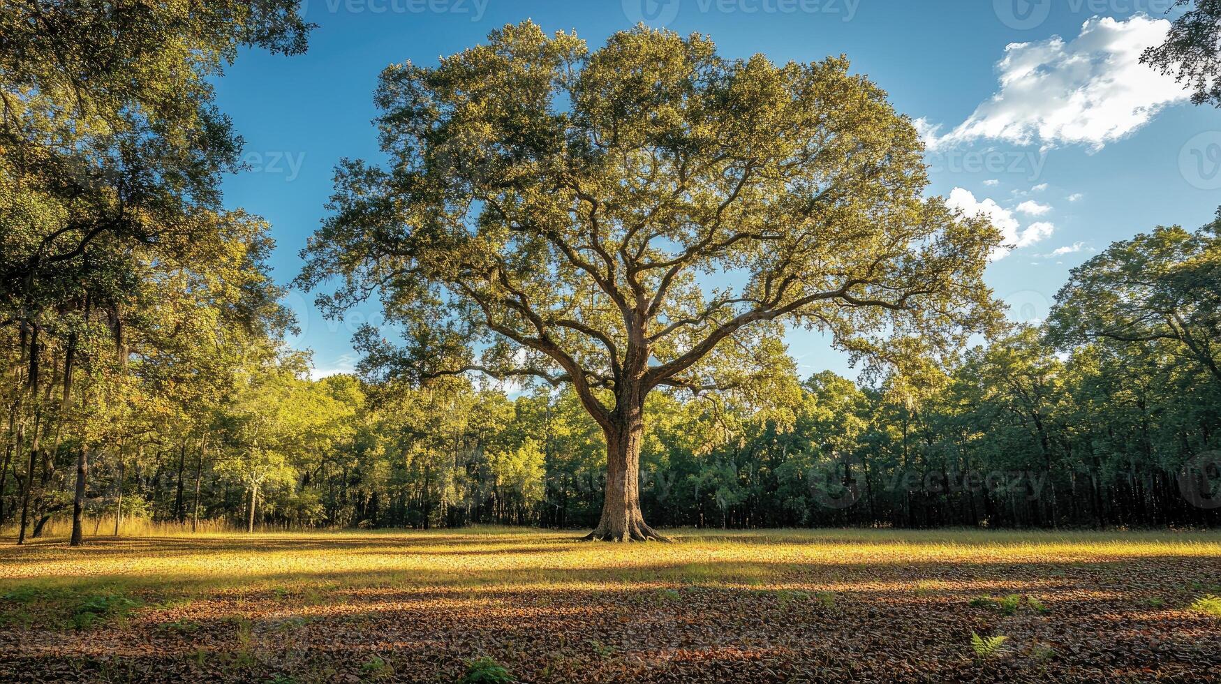 Majestic oak tree dominating a serene autumn landscape photo
