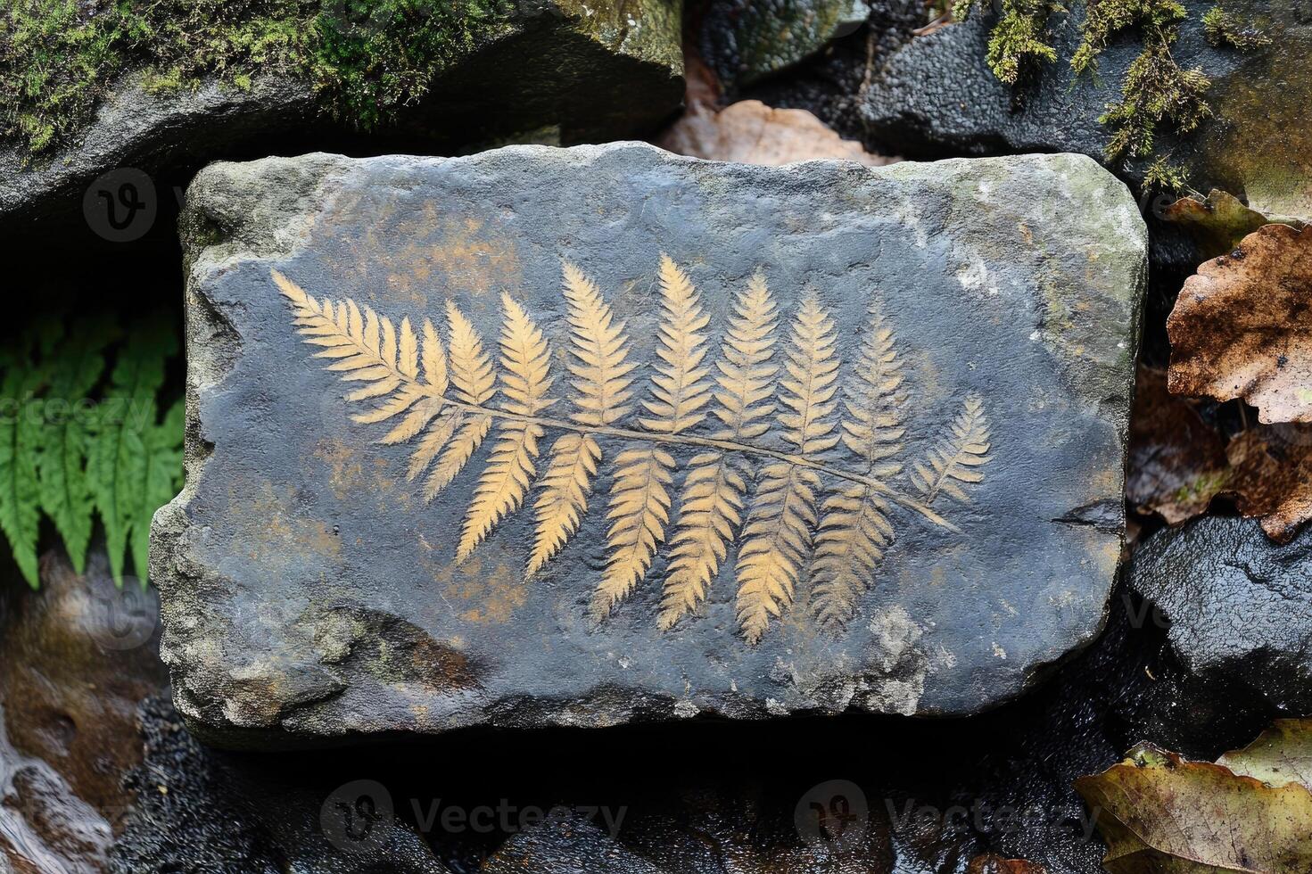 Golden fern fossil imprint decorating grey stone in natural environment photo