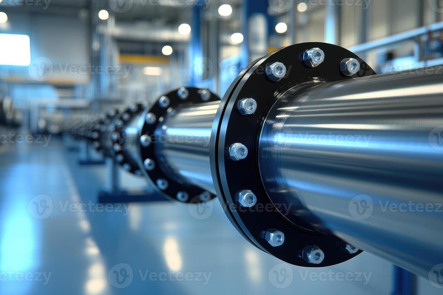 Industrial pipeline system connecting metal pipes with flanges and bolts in modern factory photo