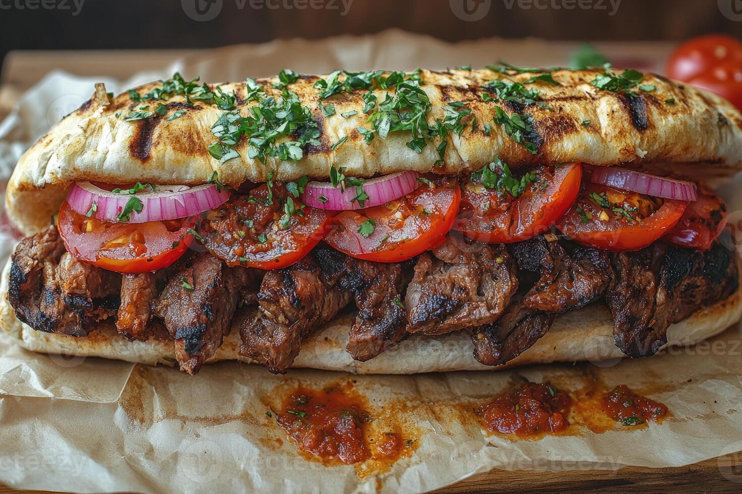 Delicious grilled steak sandwich with tomatoes, onions, and herbs on crusty bread photo