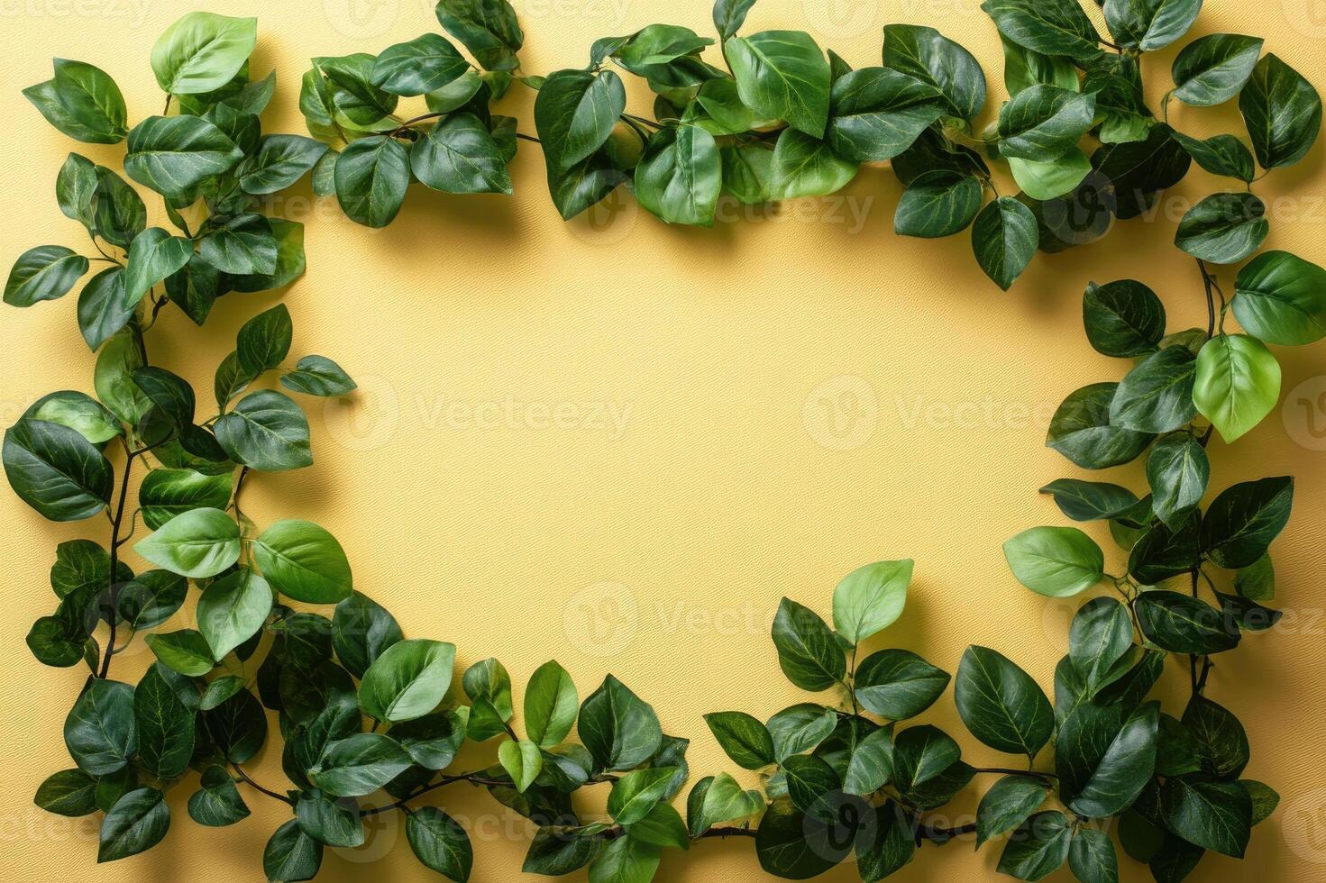 Green leaves border frame on yellow background creating empty space photo