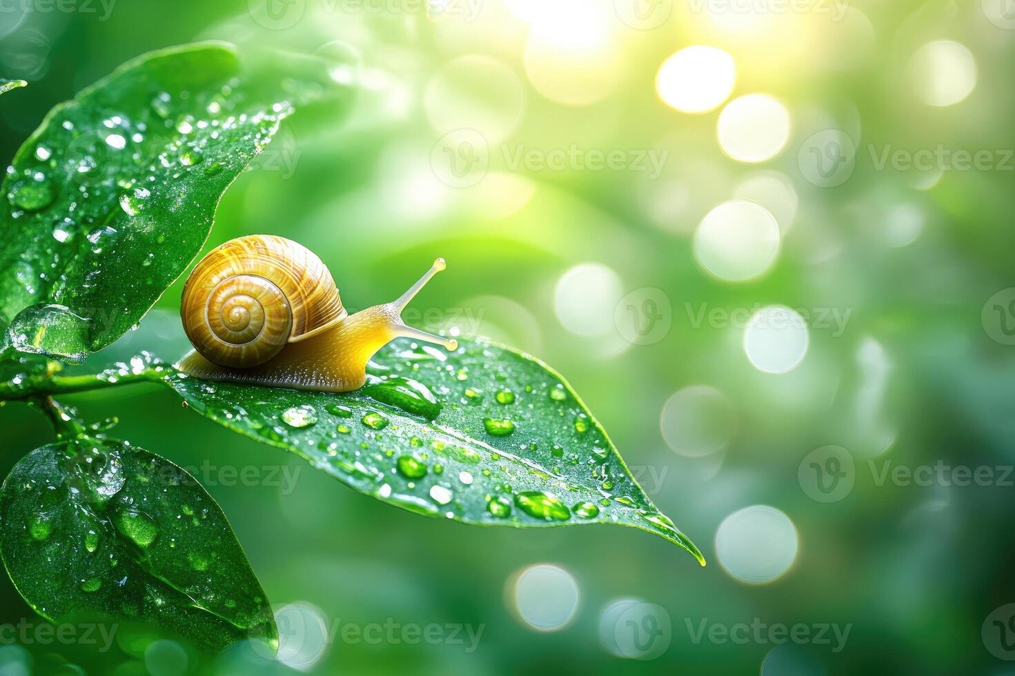 Close-up of a snail crawling on a wet leaf in a sunny forest photo