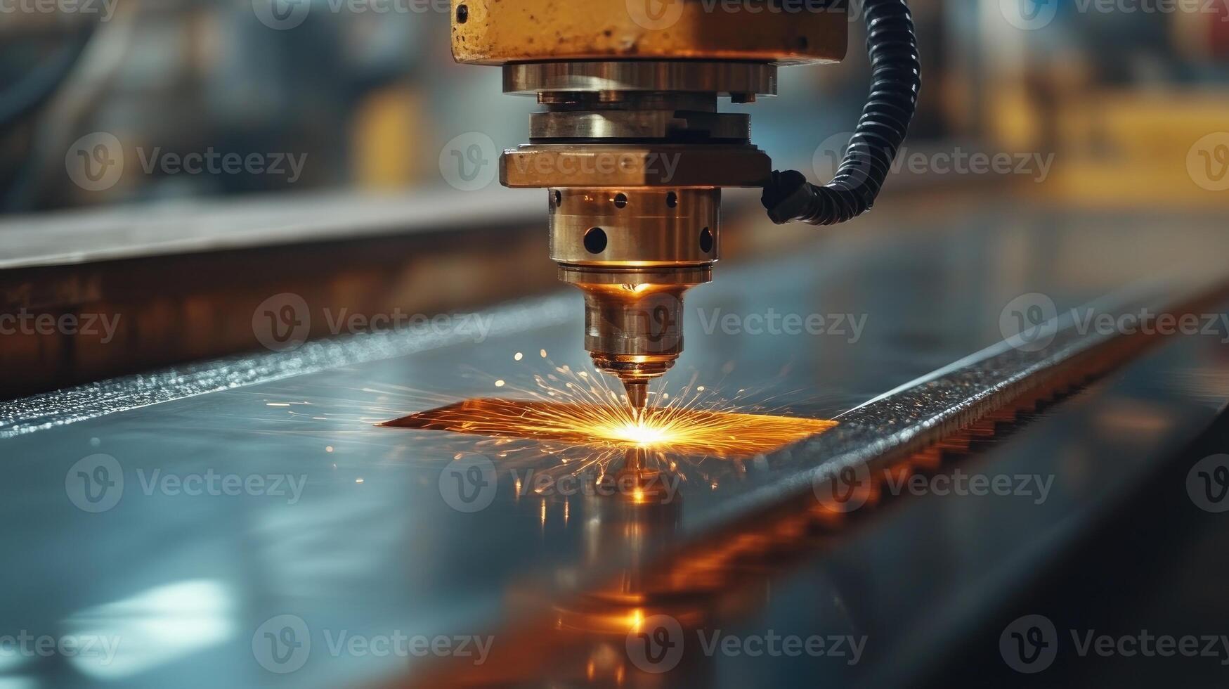Industrial laser cutter making sparks while cutting metal sheet in factory photo