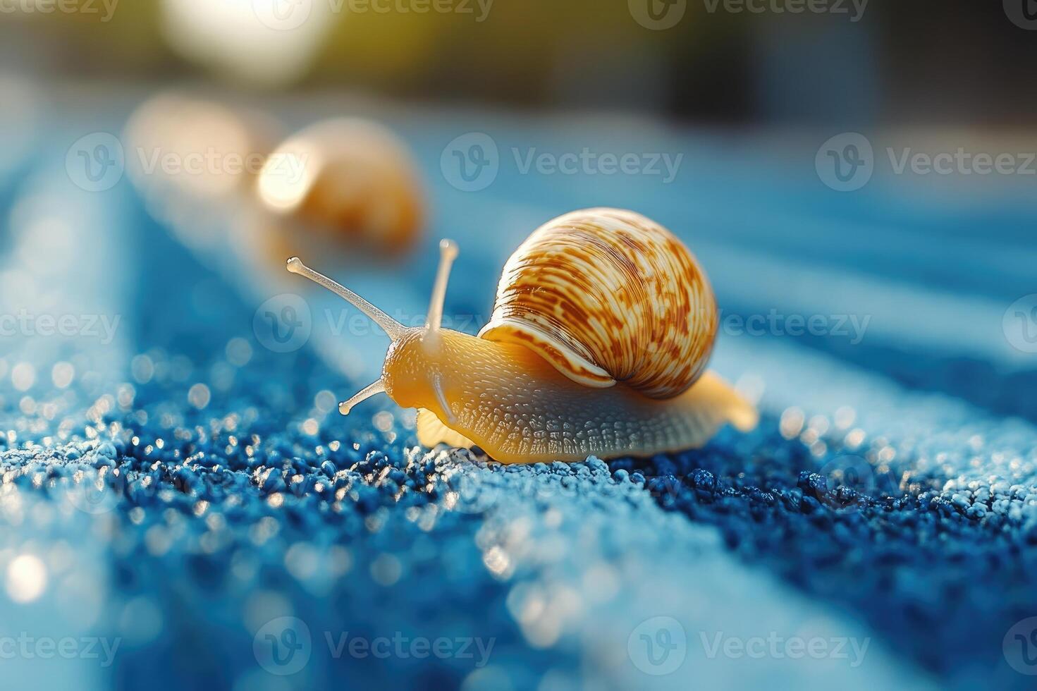 Snails crawling on blue textured surface in golden sunlight photo