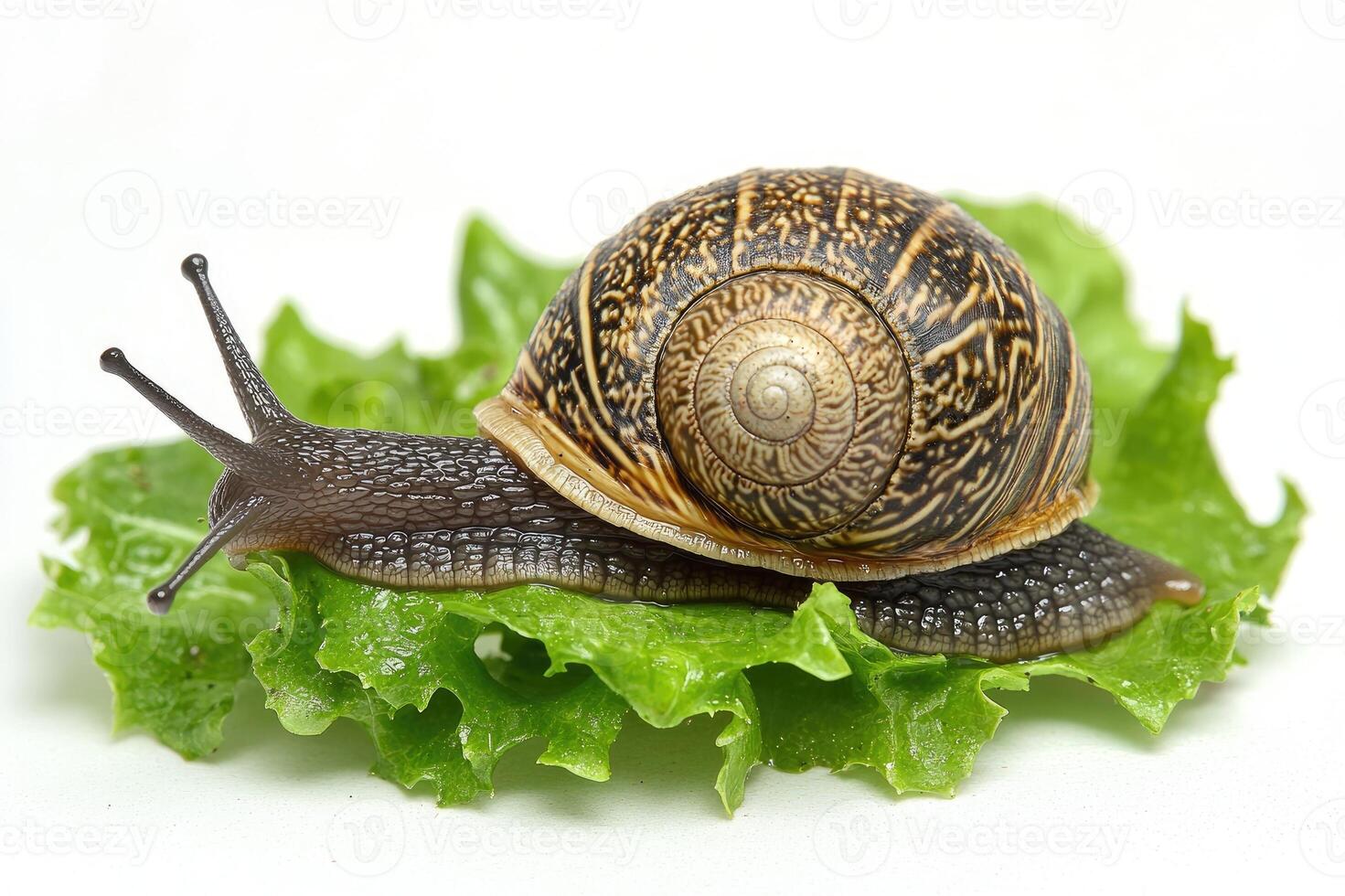 Snail crawling on lettuce leaf slow and steady progress photo