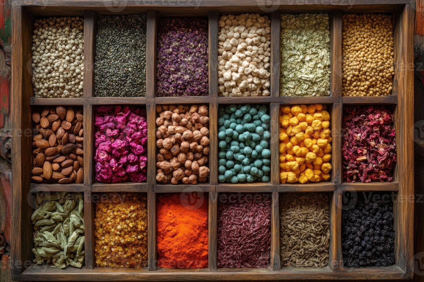 Colorful spices and herbs filling sections of wooden typesetter drawer photo